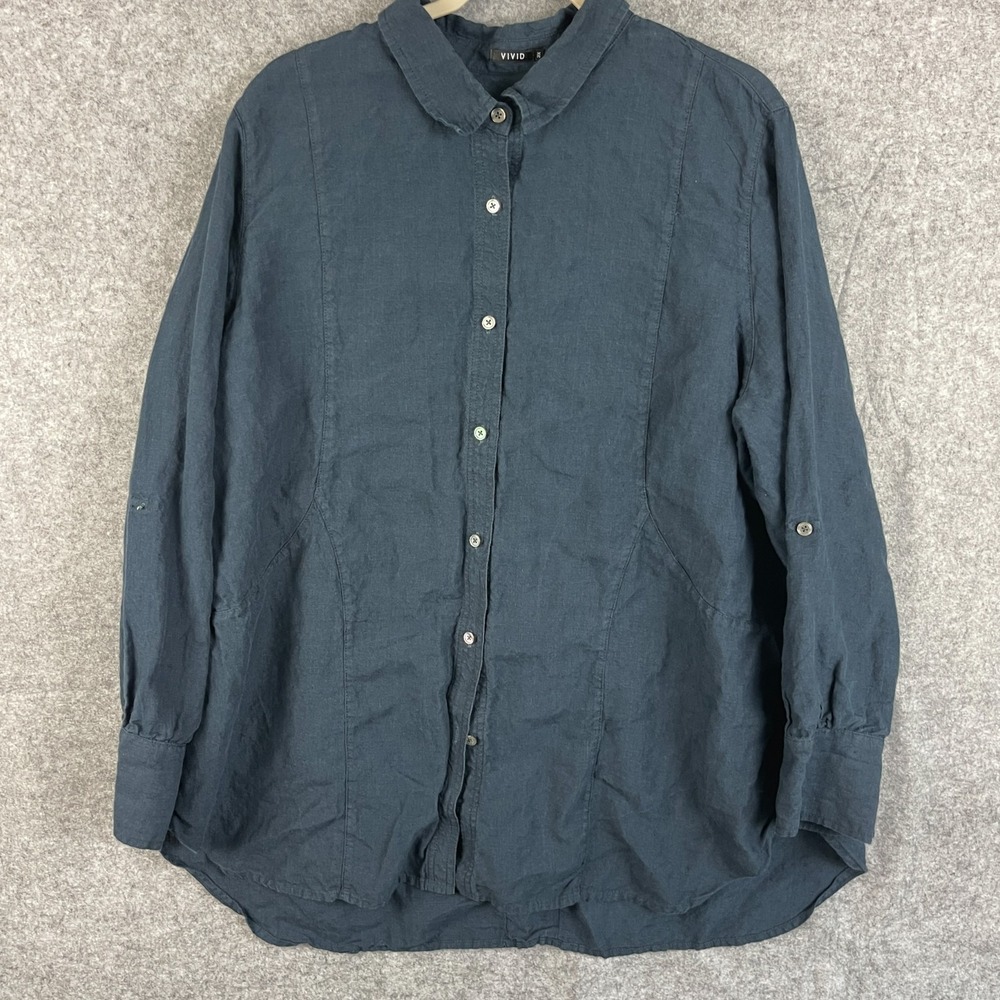 Vivid Linen Tunic Top Womens 3X Blue Button Up Long Sleeve Coastal Lagenlook